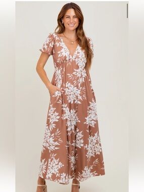 Pinkblush Mocha V Neck Maxi Dress with White Floral Print